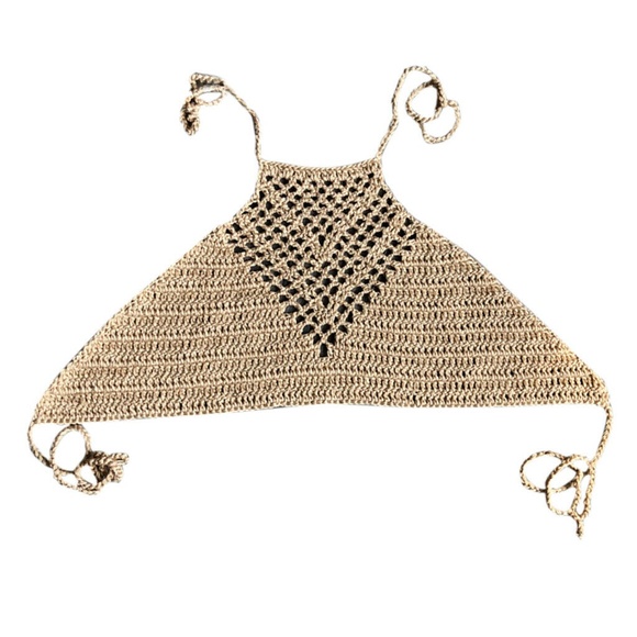 Khaki Boho Handmade Crochet Halter Crop Top - Picture 5 of 6